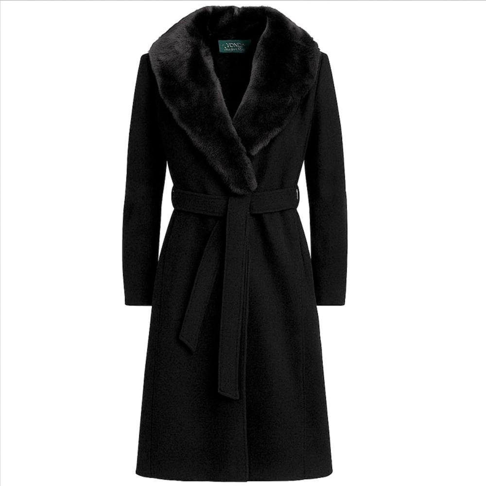 Vince Black Faux-Fur Collar Wrap Coat